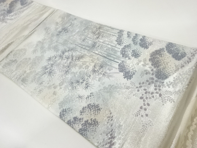 山並みに竹林・草花模様織出し袋帯